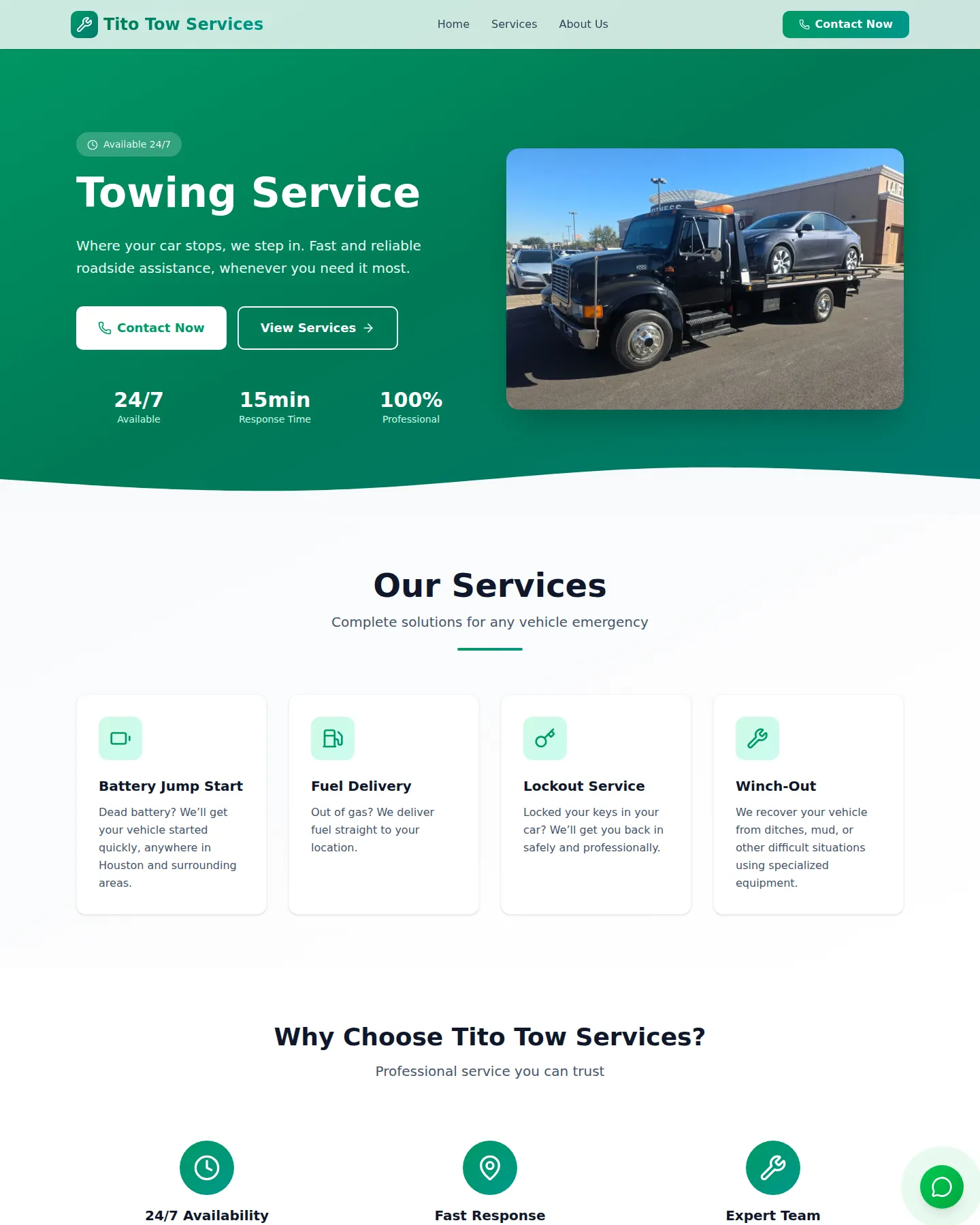 Public landing page of Towtito: hero with 24/7 availability badge, towing imagery, service cards and assistance call to action.
